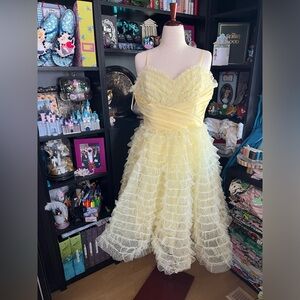 Unique Vintage Yellow Ruffled Midi Dress